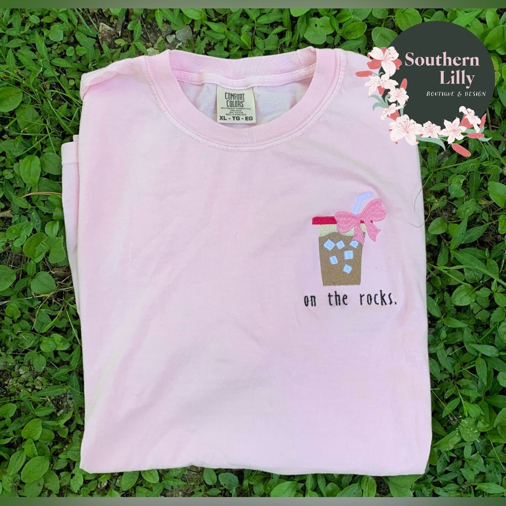 Comfort Colors Embroidered On the Rocks Iced Coffee T-Shirt